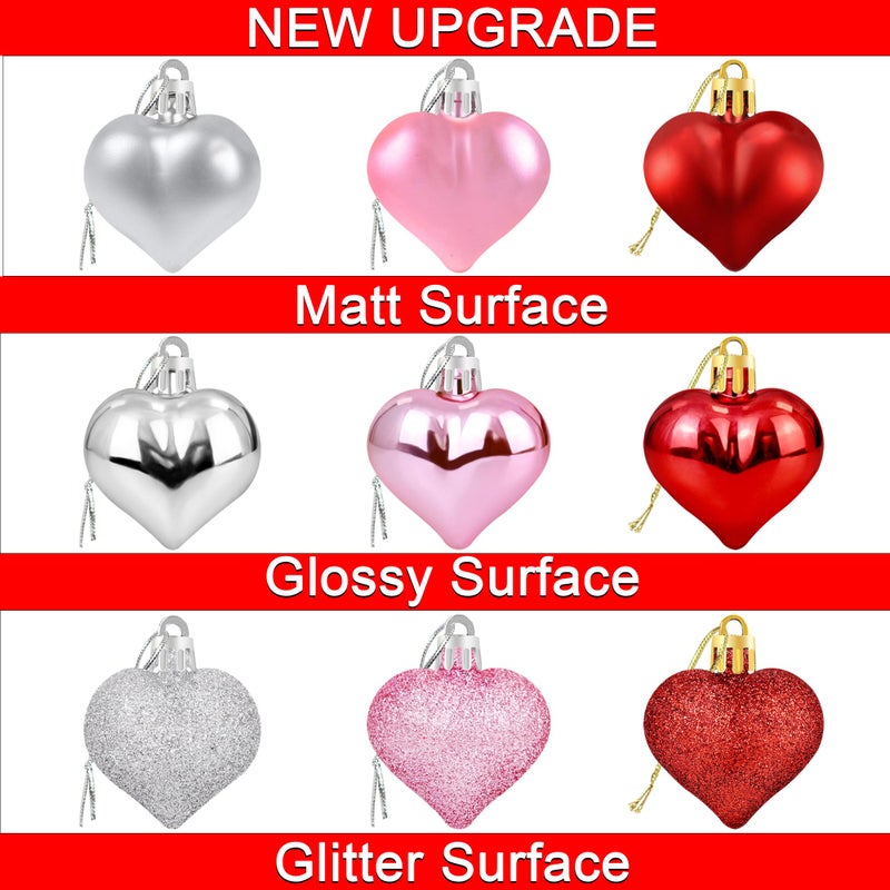 Partyprops 36Pcs Valentines Heart Shaped Ornaments - Valentines Heart Decorations - Red Pink Silver Glitter Heart Shaped Baubles - Romantic Christmas Valentines Tree Hanging Decorations - Image 3